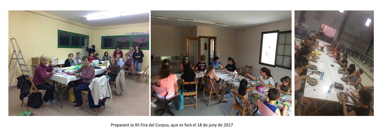 Preparant la Fira del Corpus: el Curs d'art floral reuneix vint-i-dues persones a la Sala de l'Ateneu, els nens i les nenes participen als tallers infantils, mentre que un grup de veïns des de fa mesos que treballen en les ornamentacions ja sigui des de casa o bé a les trobades periòdiques que s'han fet a l'Ateneu.